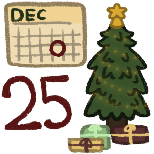 an image with three drawings in it. In the top left corner there is an image of a calendar with DEC written on it and a red circle around one day. Below that is a red number 25. On the right side it has a christmas tree with presents underneath